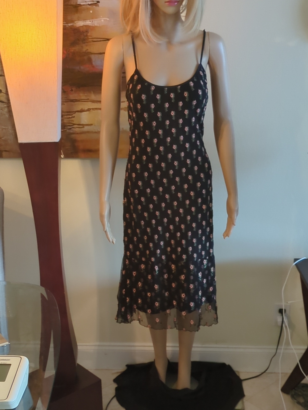Black Floral Slip Dress with Pink Accent - Women